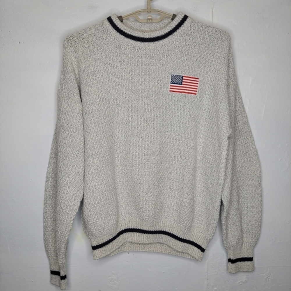 Pro Elite Vtg Sweater Large Men Cream Textured Cotton Knit America Flag Patch‎